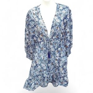 Blue Islands Floral Kimono Swimsuit Cover up Ruffle Hem Front Tassel Tie Small